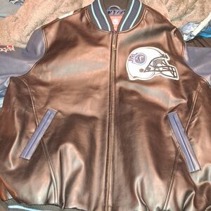 Classic Black Leather Bomber Jacket with Blue Trim